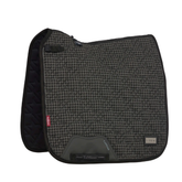 Grey and black patterned saddle pad with brand logo on a white background